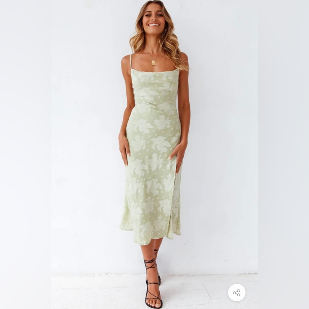 FLORAL COWL NECK HIGH SLIT SLIP MIDI DRESS - SAGE GREEN ROSEDRESS